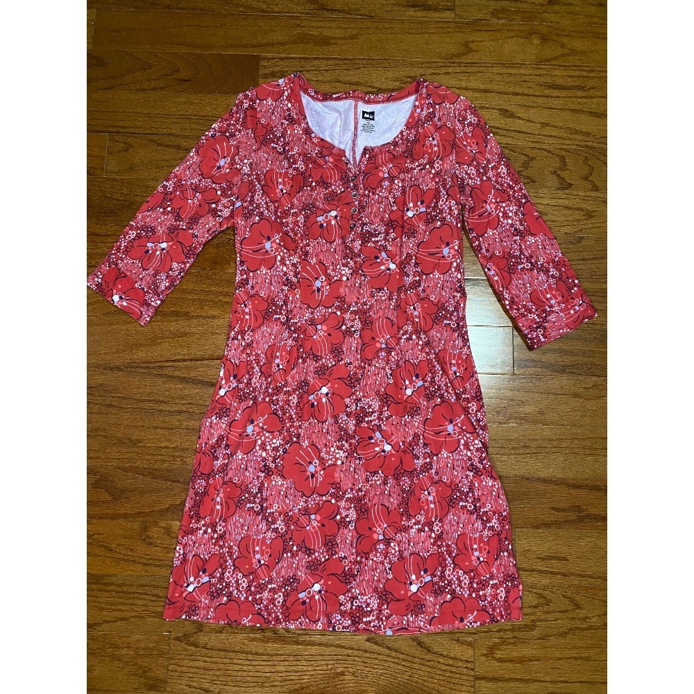 REI Women's Red Floral‎ Dress with Rollable Sleeves Size XS